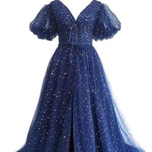Sparkle Starry Tulle Puffy Sleeve Prom Dresses with Slit - Navy Blue